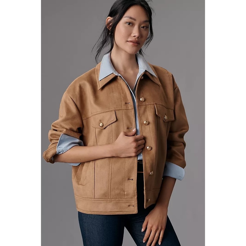 Maeve Anthropologie Faux Suede Trucker Jacket Tan Gold Crest Buttons Striped XS